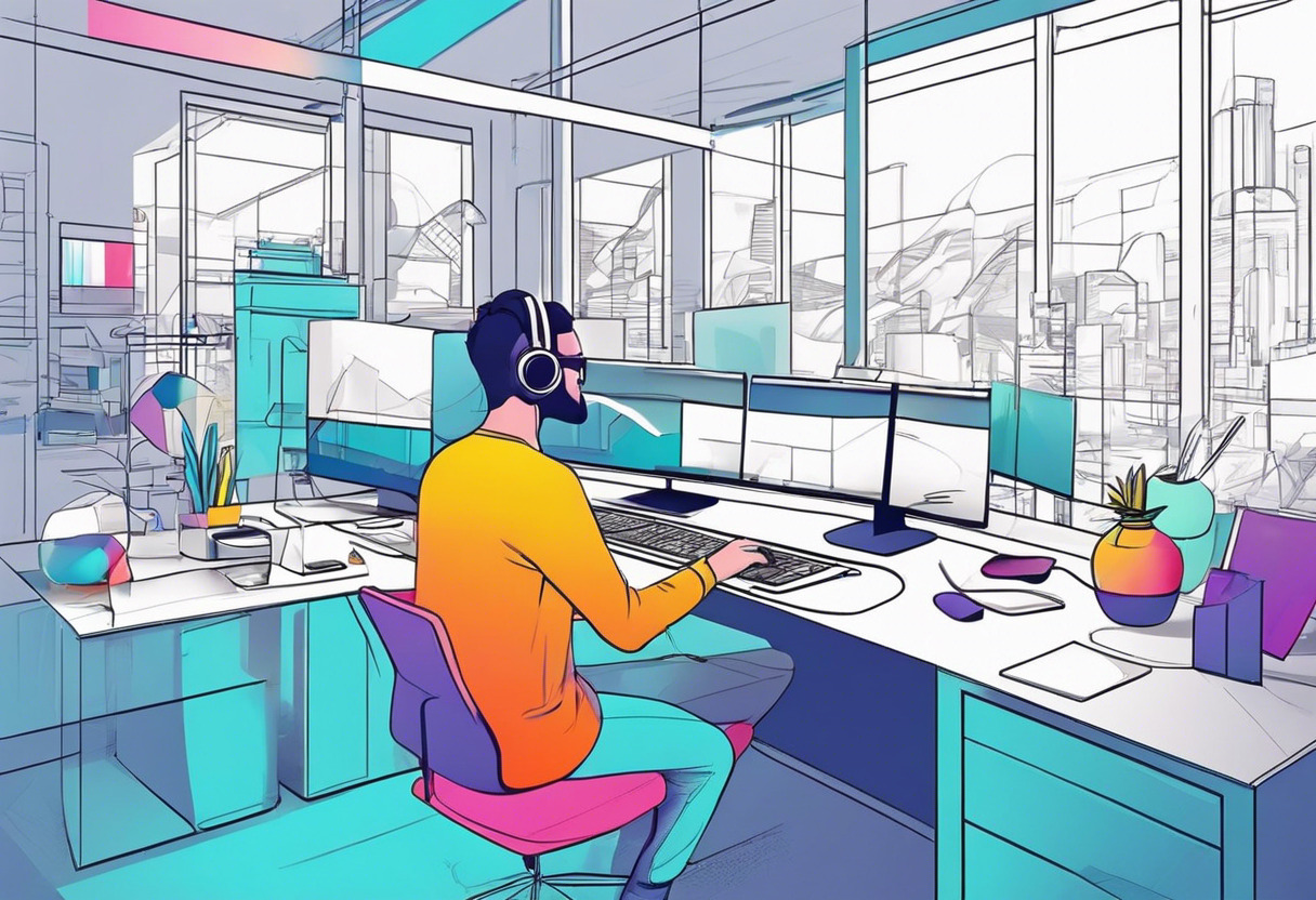 Colorful illustration of 3D artists working at a modern tech studio