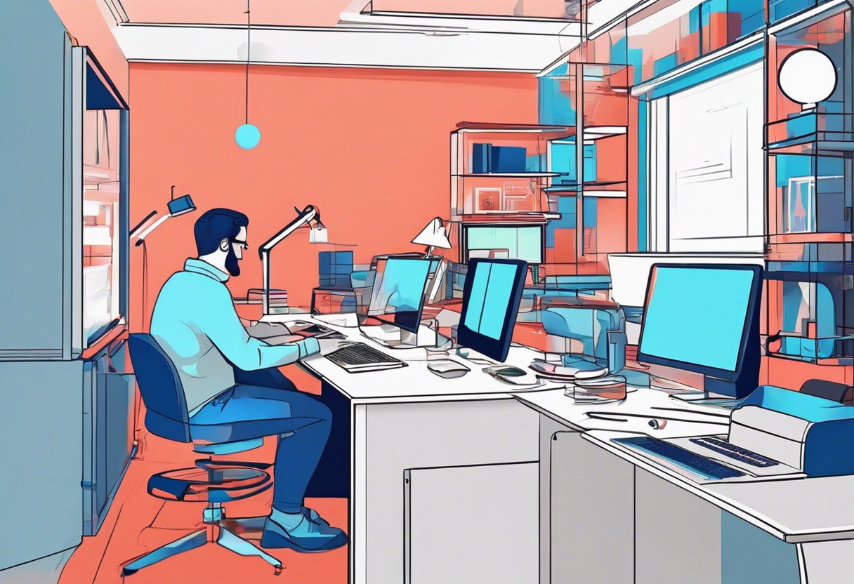 Colorful illustration of a 3D designer employing Blender to create a detailed animation in a bustling creative studio