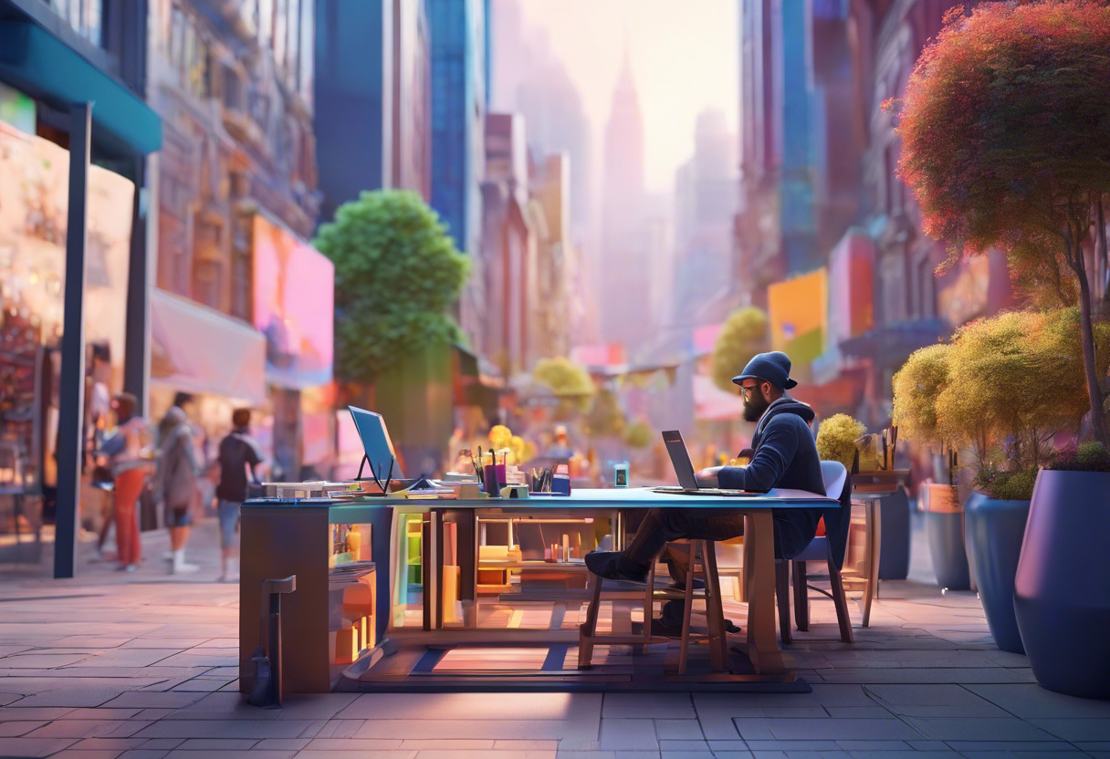 Colorful illustration of a creative artist working on a location-based AR experience in a bustling city center