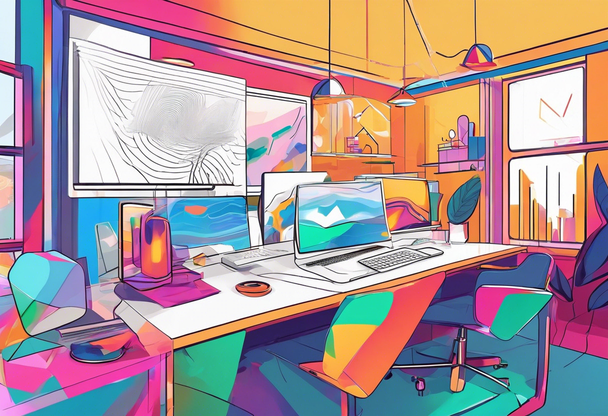 Colorful illustration of a creative designer using WorldCAST AR for a digital art project in a vibrant studio