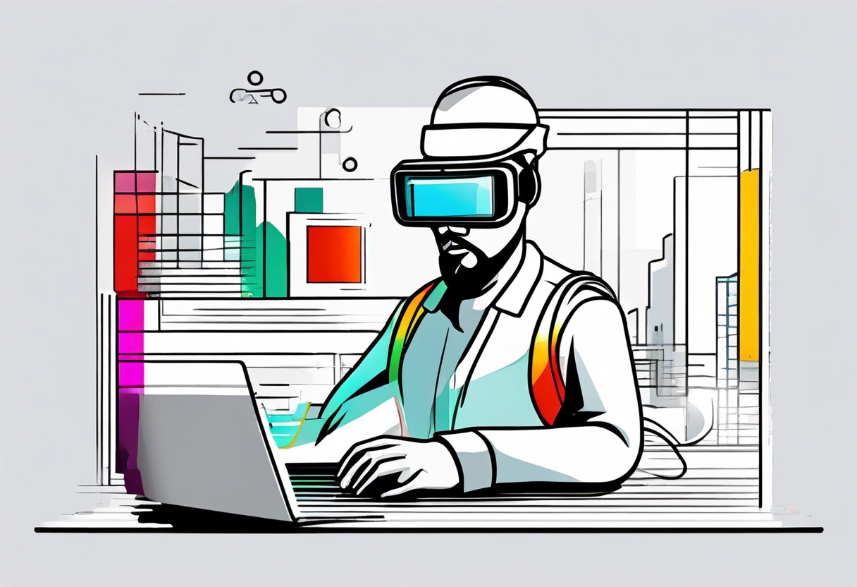 Colorful illustration of a developer using WebXR technology on a VR headset