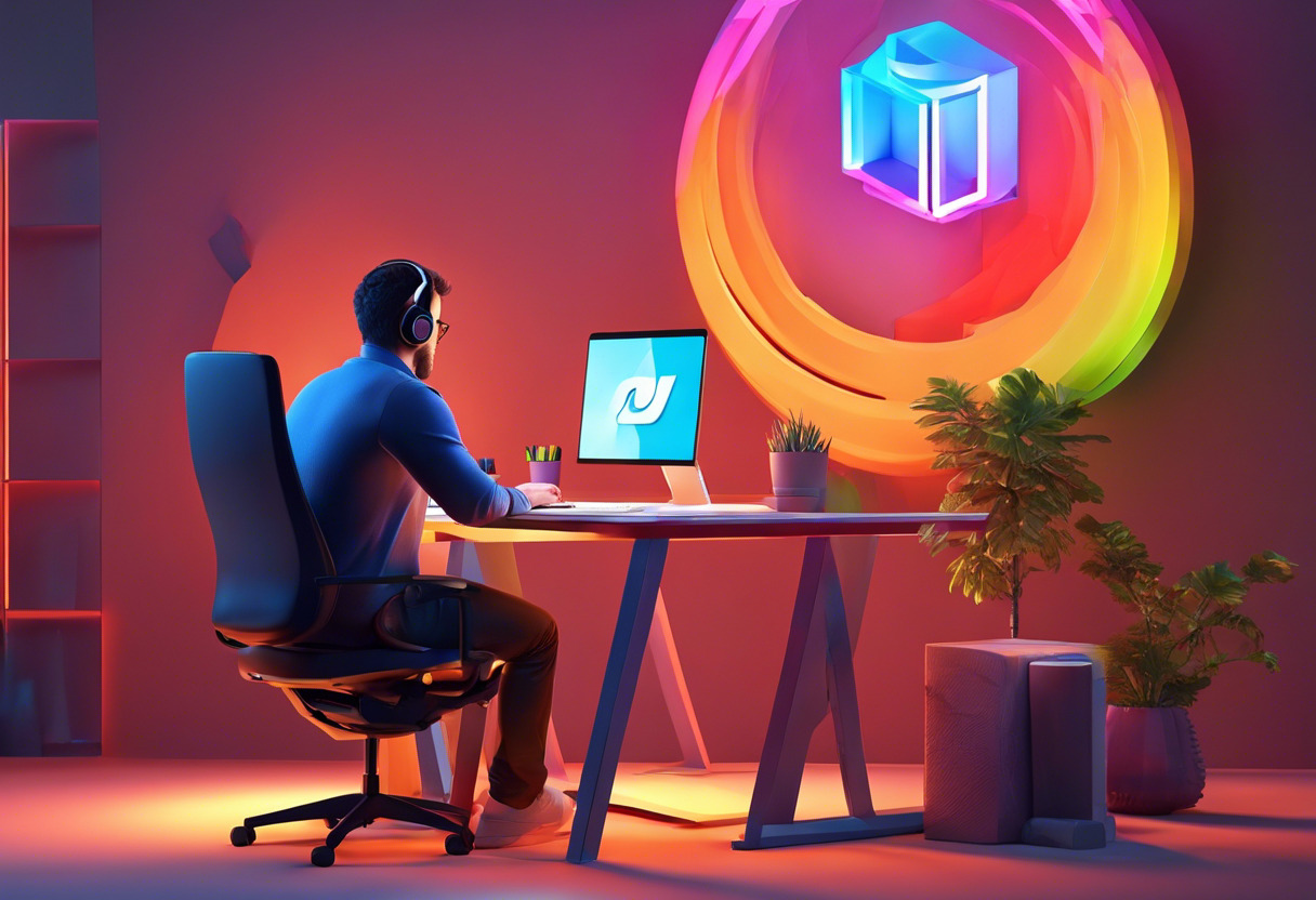 Colorful illustration of a developer working at their desk next to a Unity logo symbol