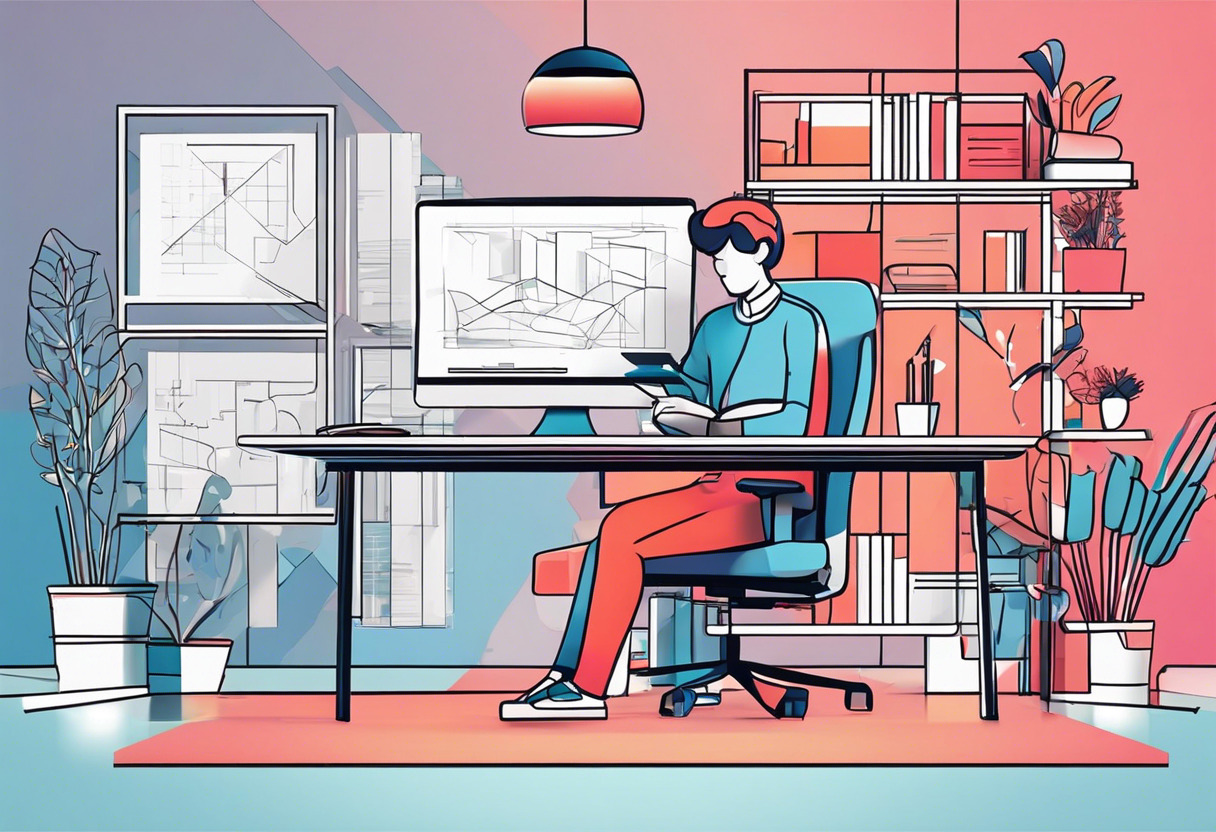 Colorful illustration of a developer working on 3D scenes in an office environment