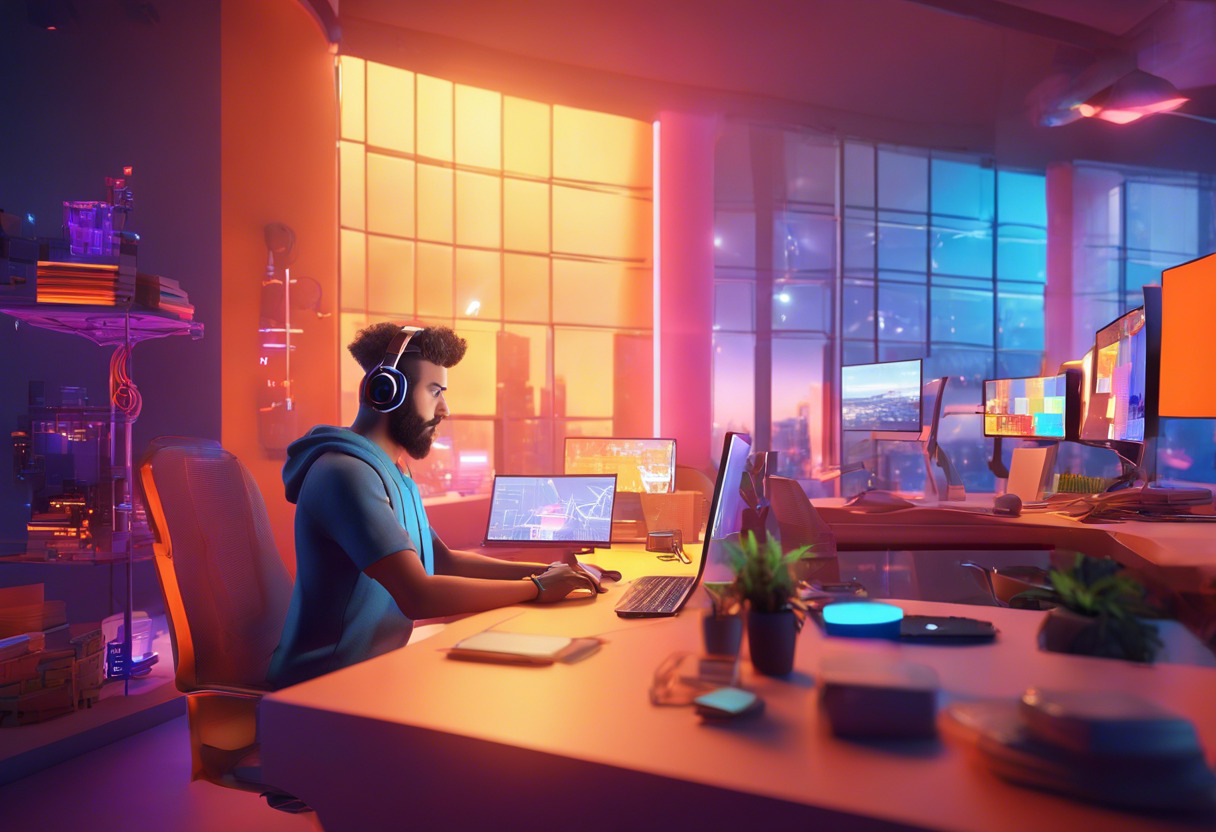 Colorful illustration of a developer working on a game design using Unity in a tech-savvy workspace