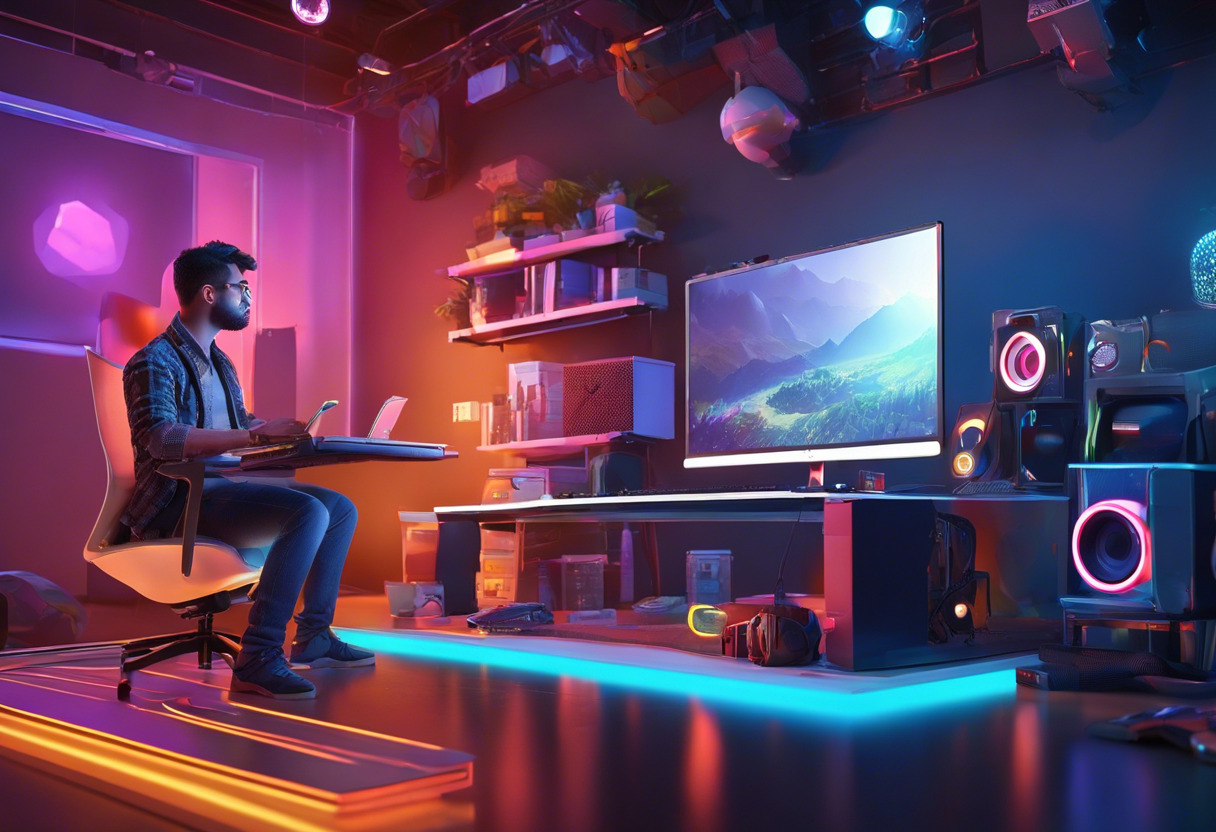 Colorful illustration of a developer working on a game in his studio using Unreal Engine