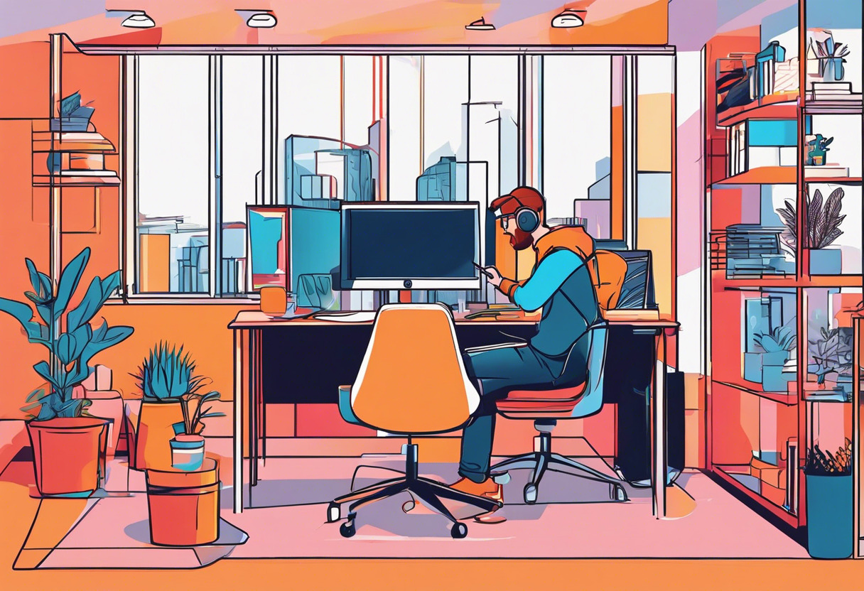 Colorful illustration of a developer working on an AR application in an office environment