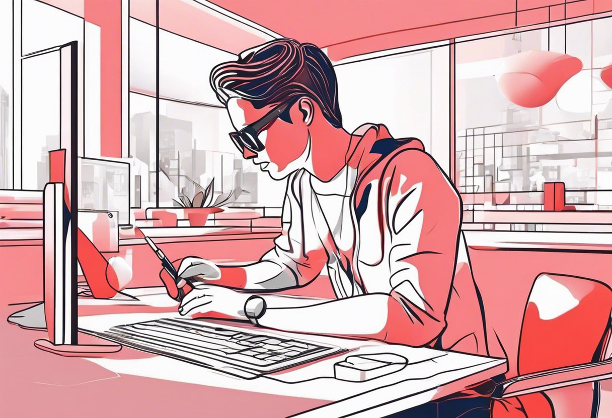 Colorful illustration of a digital artist creating 3D models using Putty 3D in a modern workspace