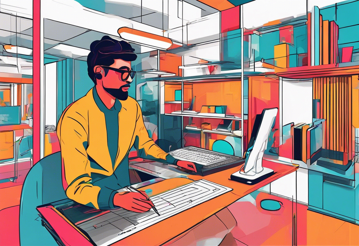 Colorful illustration of a digital artist within a vibrant tech startup environment, creating an AR project using WorldCAST