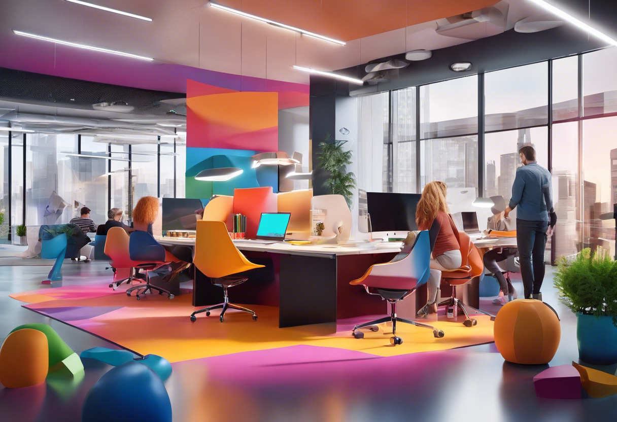Colorful illustration of a diverse team collaboratively designing on Onshape in a modern office