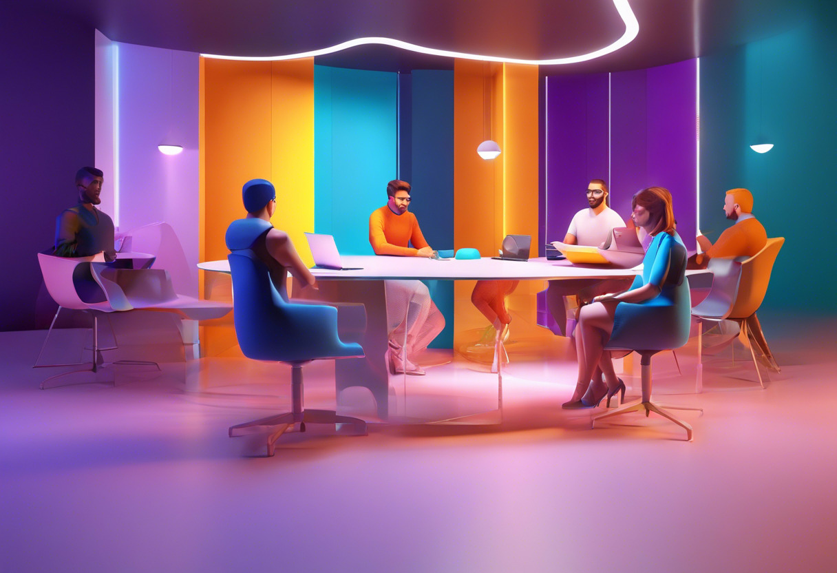 Colorful illustration of a diverse team interacting in a Microsoft Mesh 3D space