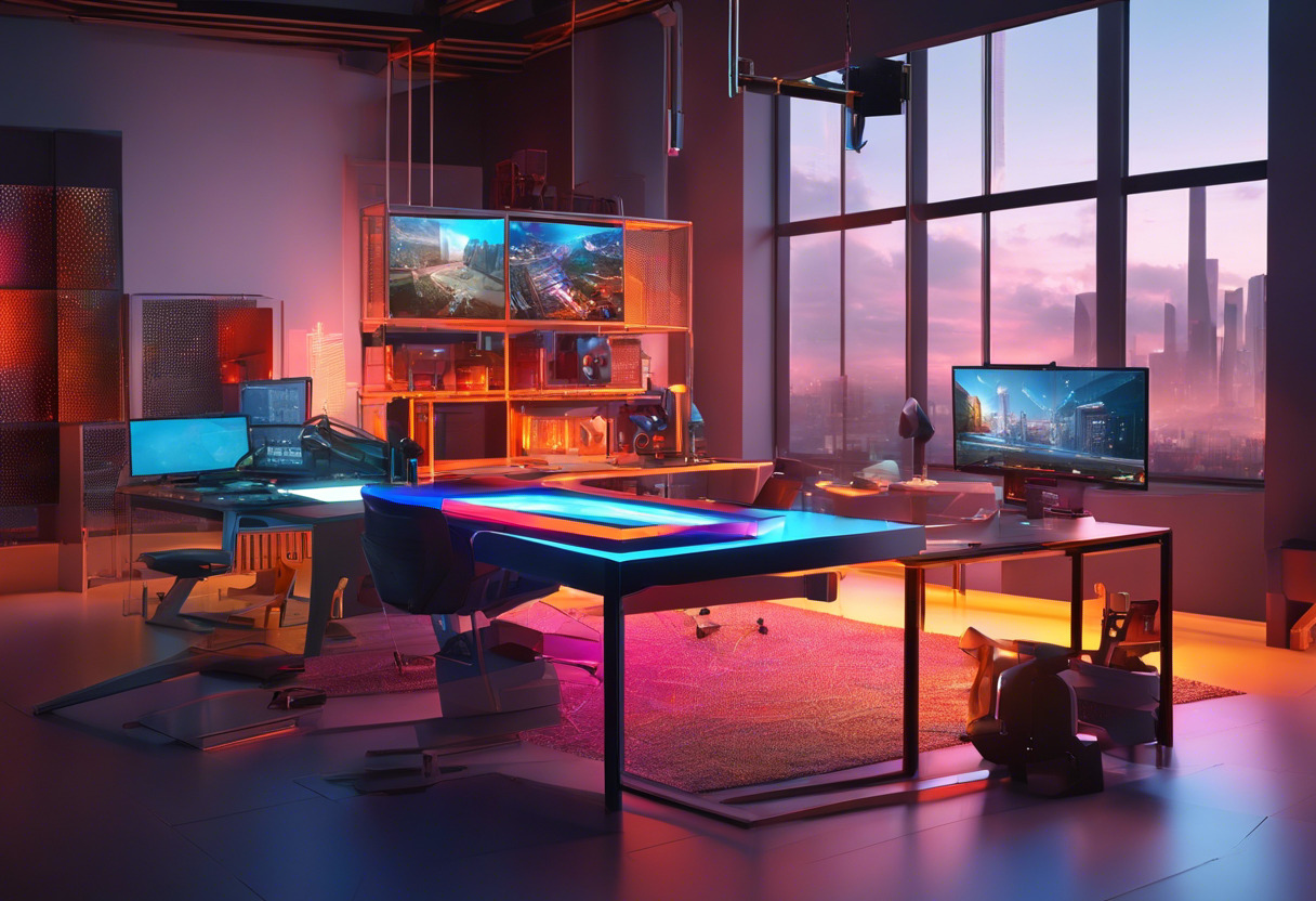 Colorful illustration of a game architect passionately using Construct in a contemporary digital studio