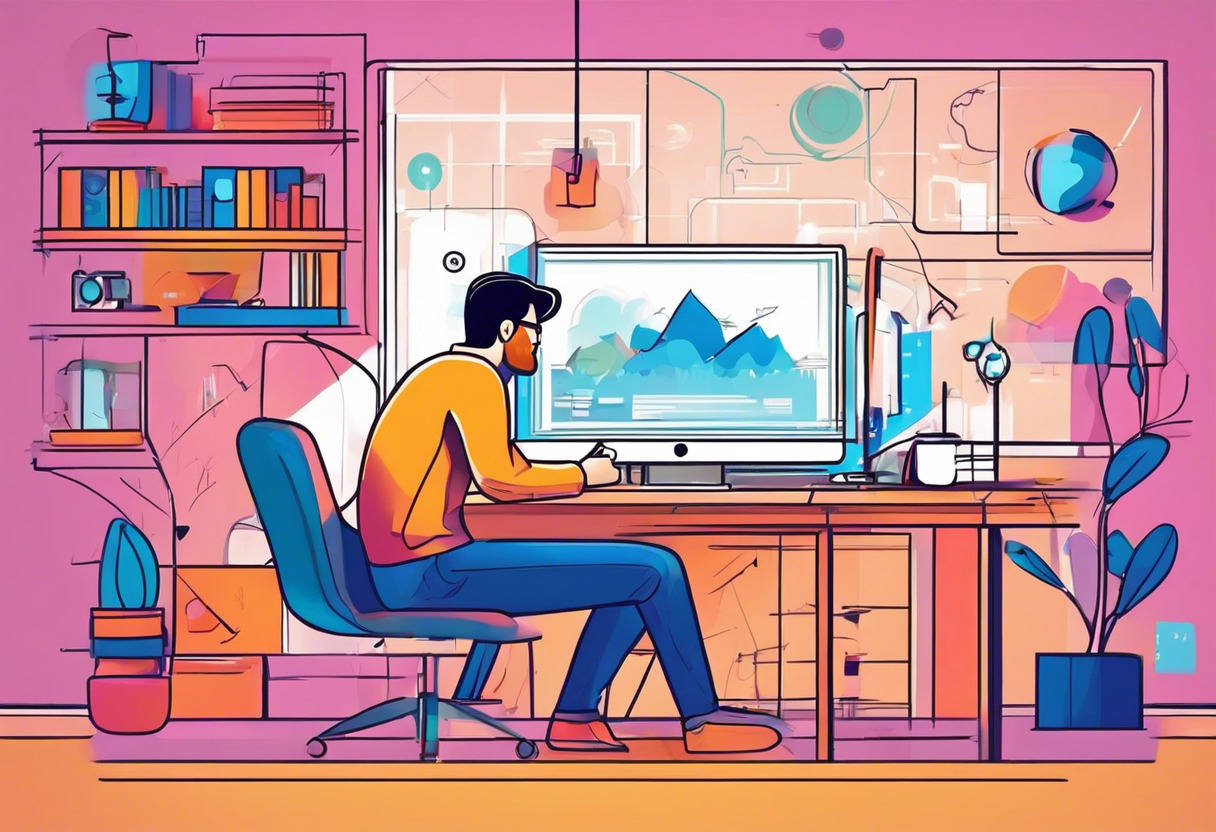 Colorful illustration of a game developer brainstorming designs in the creative Unity workspace