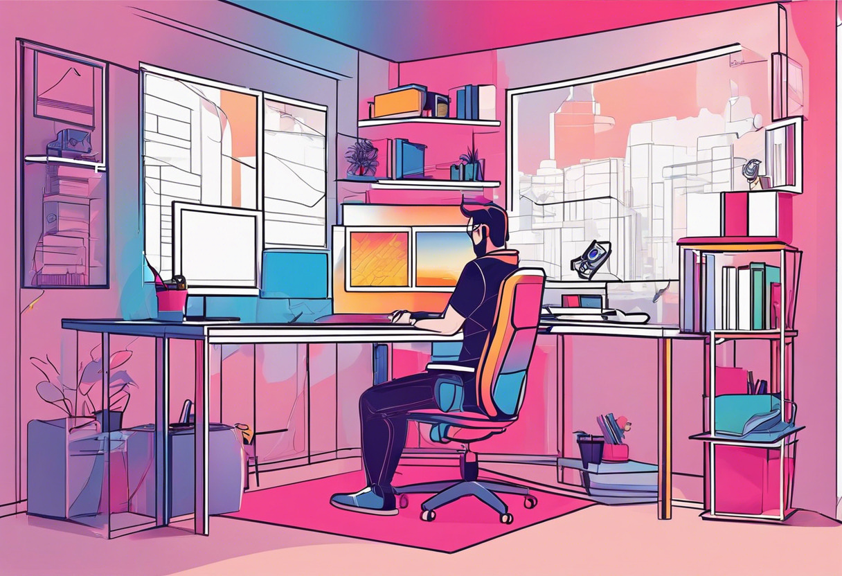 Colorful illustration of a game developer working on a 3D game model in a tech office