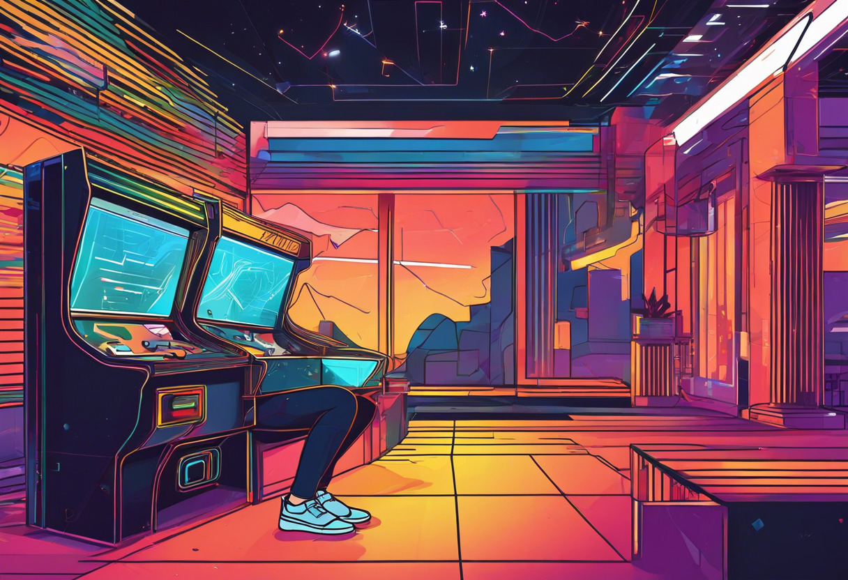 Colorful illustration of a hands-on coder sitting in a dynamic arcade, basking in the glory of LWJGL