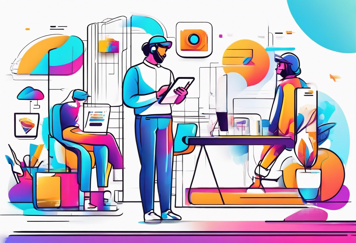 Colorful illustration of a mobile app development team using Zappar to integrate AR capabilities into a retail application