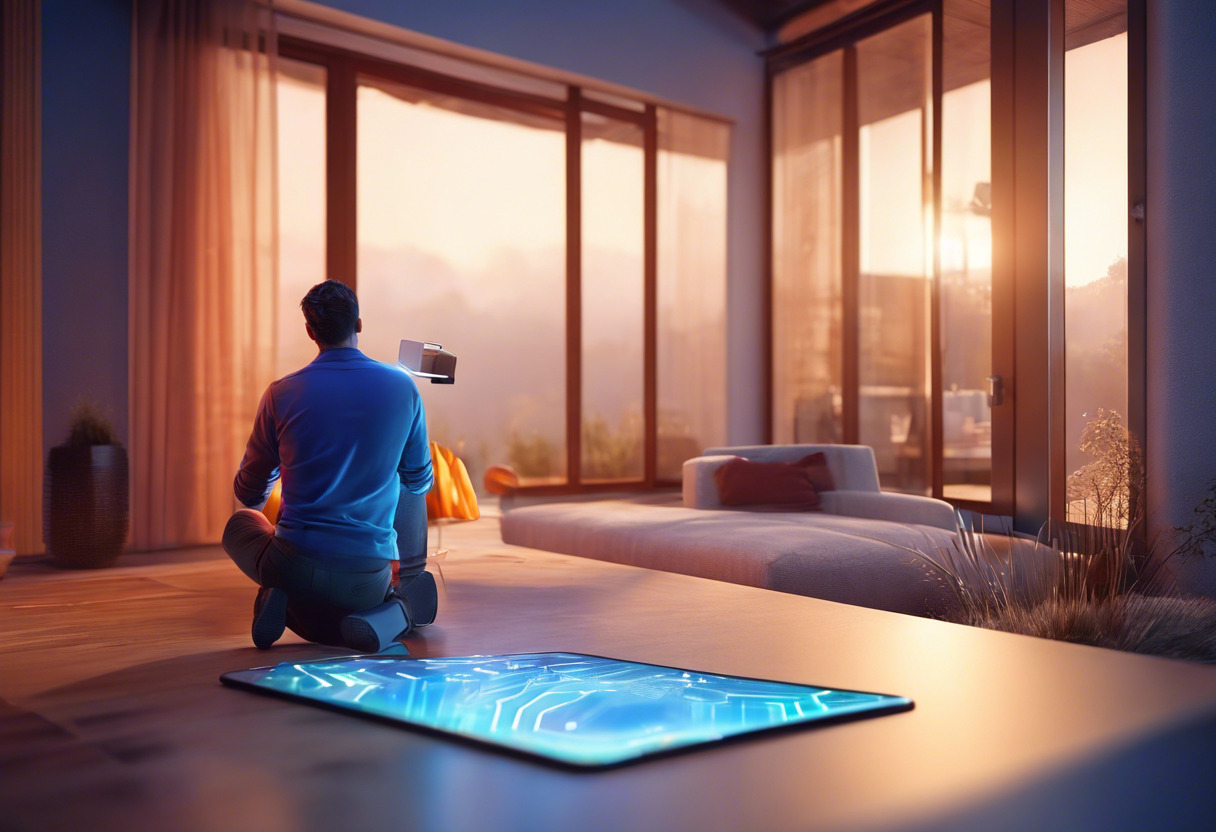 Colorful illustration of a person examining a 3D model of a home on a digital device, set against a backdrop depicting a blend of physical and virtual real estate space