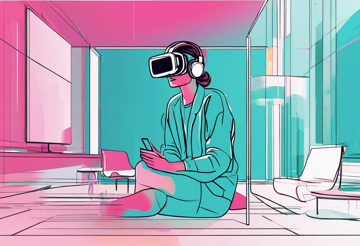 Colorful illustration of a person with a VR headset, interacting with digital overlays in an immersive workspace