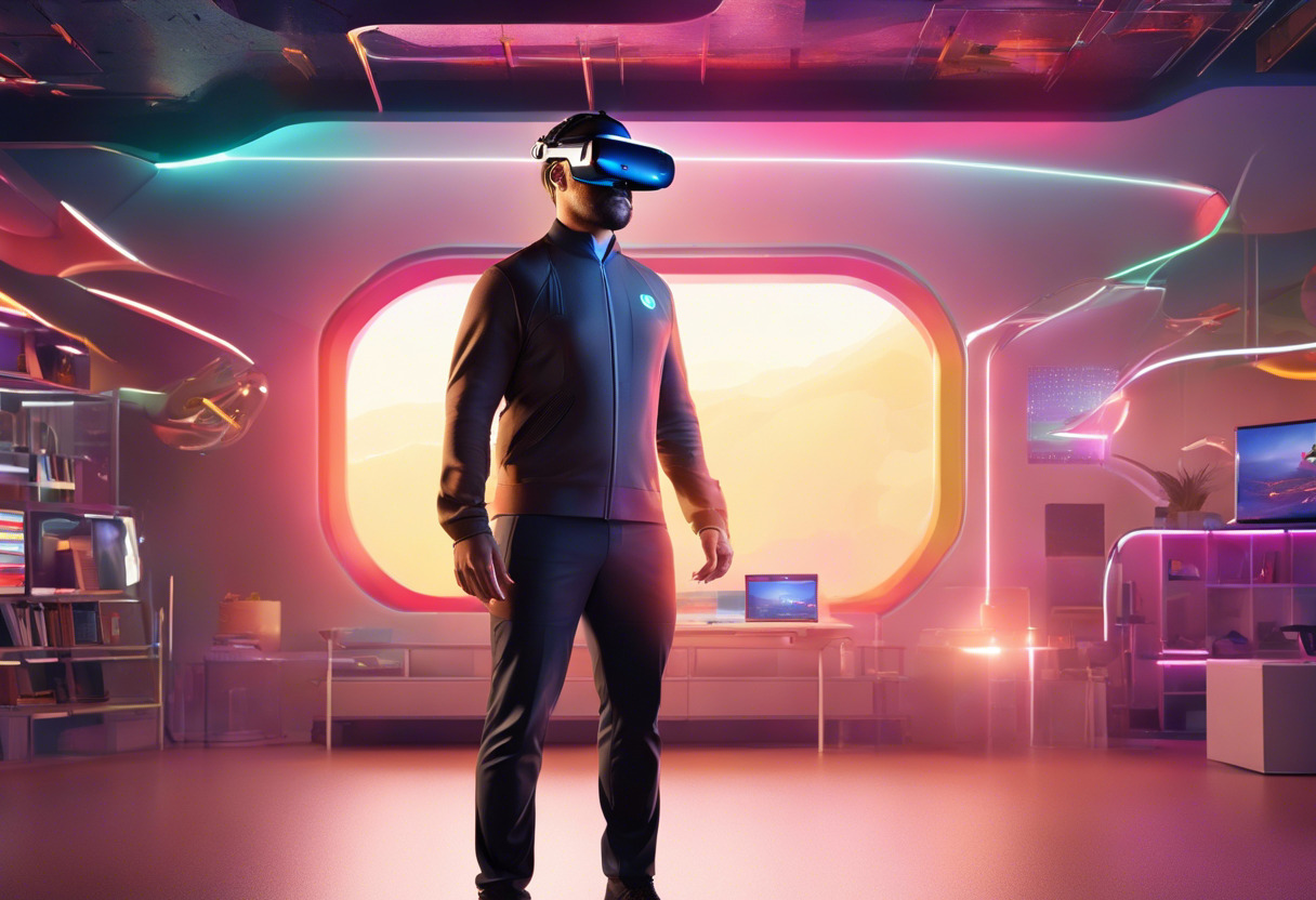 Colorful illustration of a professional wearing the MagicLeap2 device in a well-lit enterprise environment