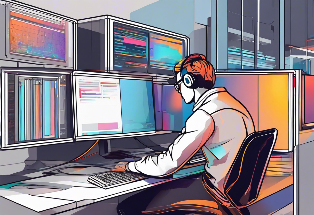 Colorful illustration of a programmer in a digital lab working on WebGPU