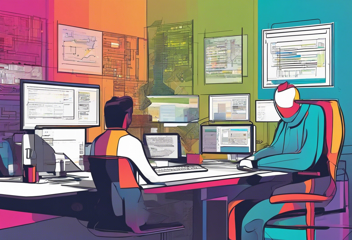 Colorful illustration of a programmer interfacing with multiple coding languages on his computer in a modern tech office