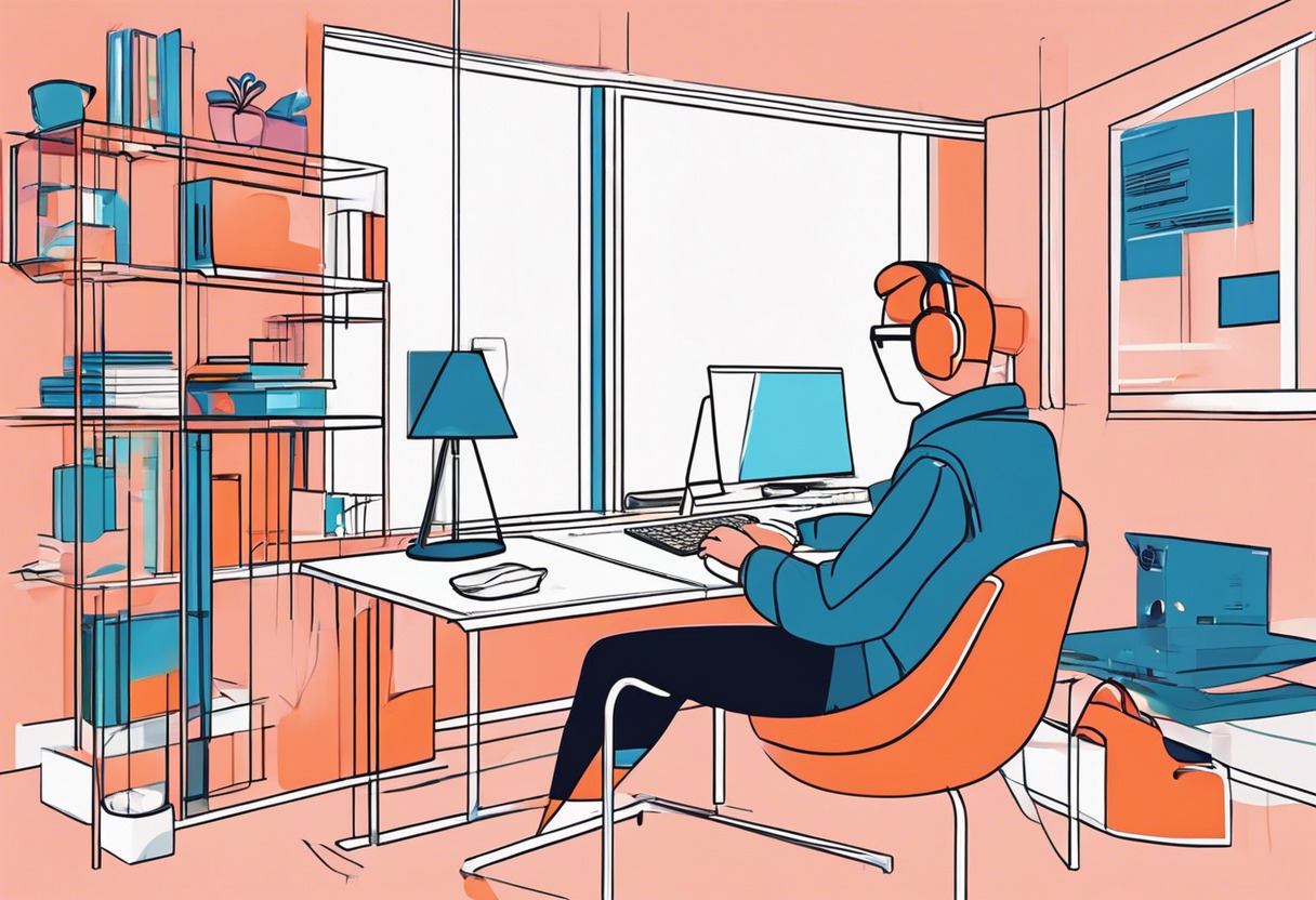 Colorful illustration of a programmer using Kotlin in a tech-focused workspace