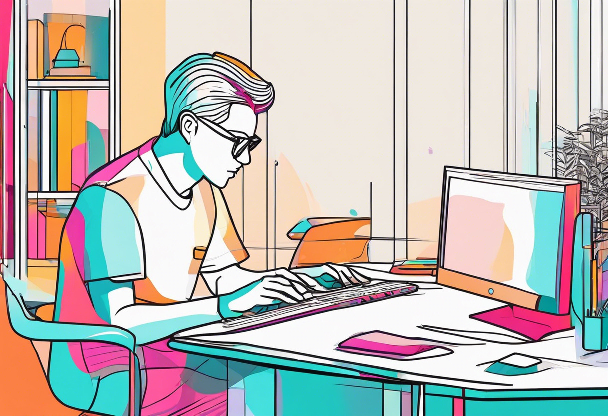 Colorful illustration of a programmer working on 3D graphics on his computer