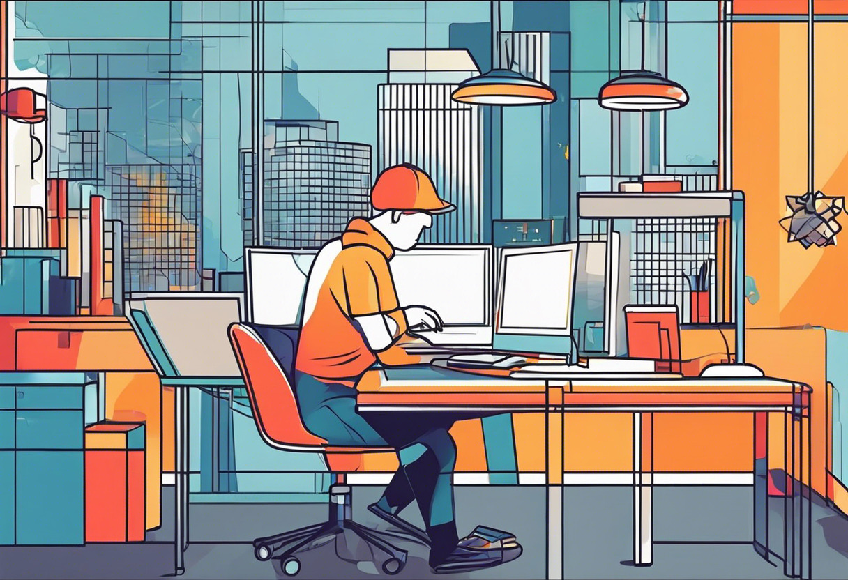 Colorful illustration of a programmer working on GDevelop in a tech-oriented workspace