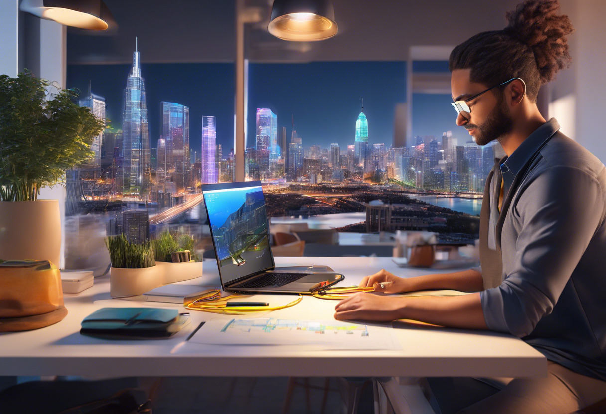 Colorful illustration of a software engineer crafting an AR application using Vuforia with cityscape in background.