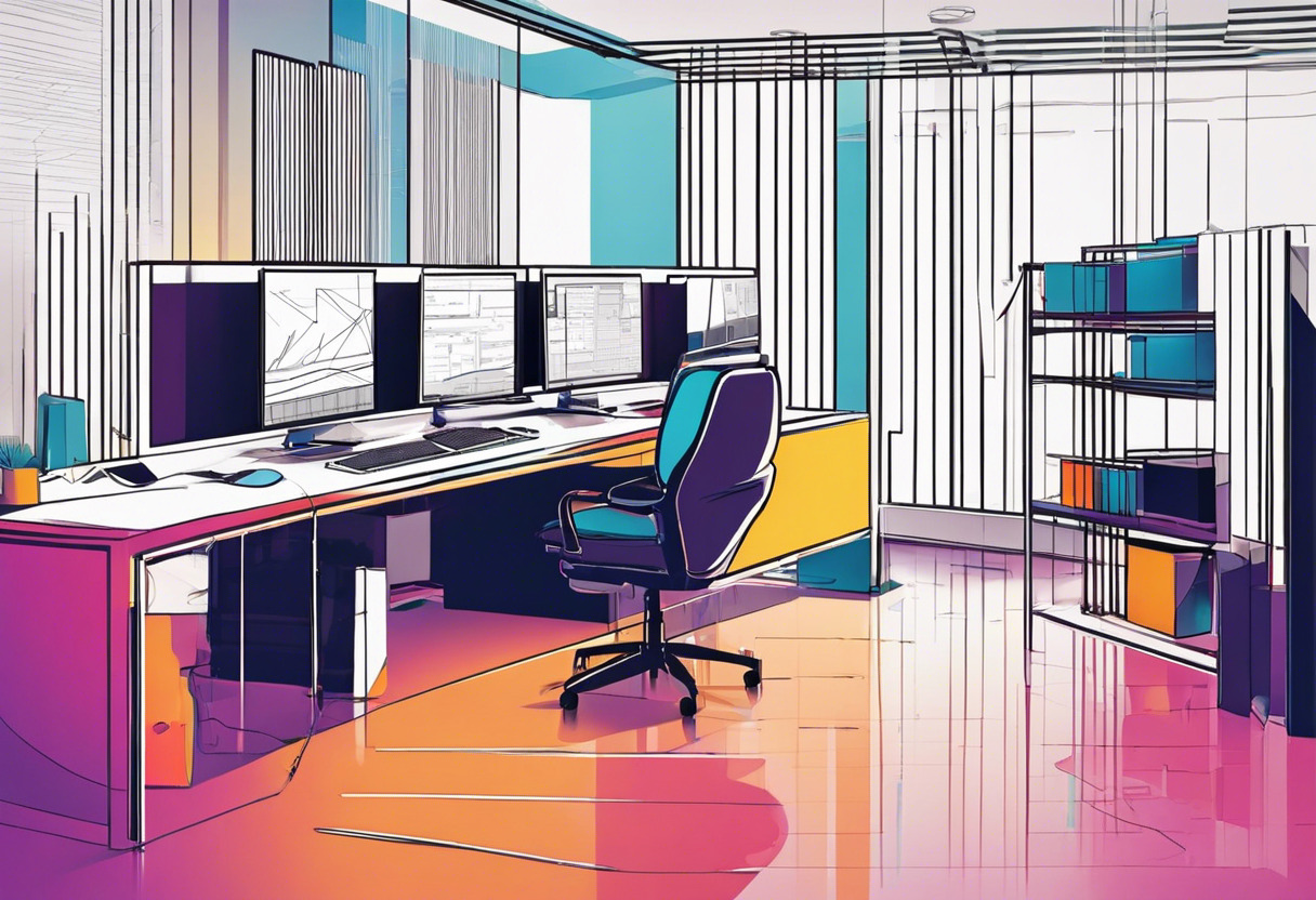 Colorful illustration of a software engineer programming complex visual effects using WebGPU in a contemporary office