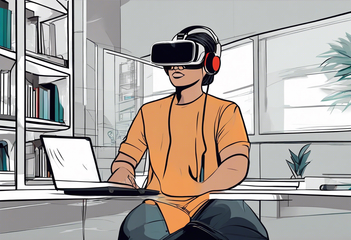 Colorful illustration of a student using Oculus Rift in an educational setting