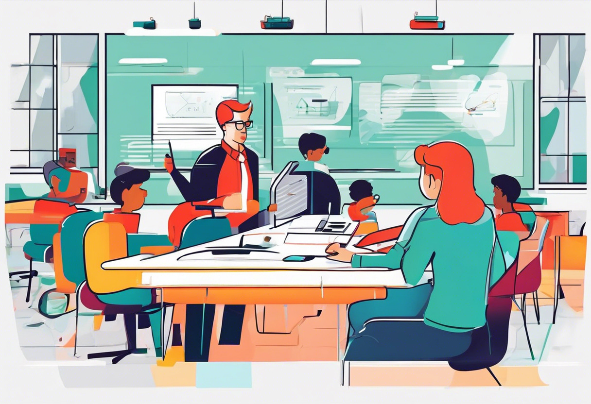 Colorful illustration of a teacher guiding his students through game development with GameSalad in a modern classroom