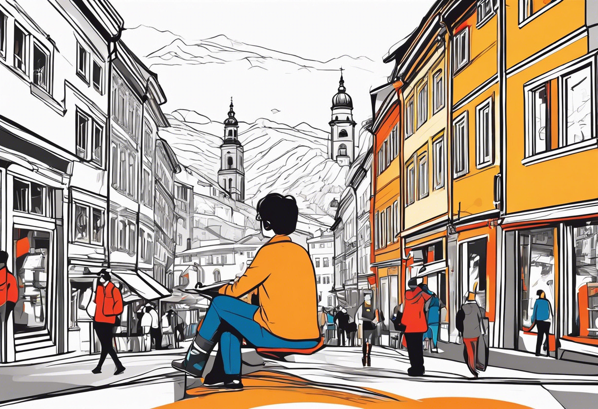 Colorful illustration of a tech enthusiast exploring the virtual world with Wikitude in the bustling city of Salzburg