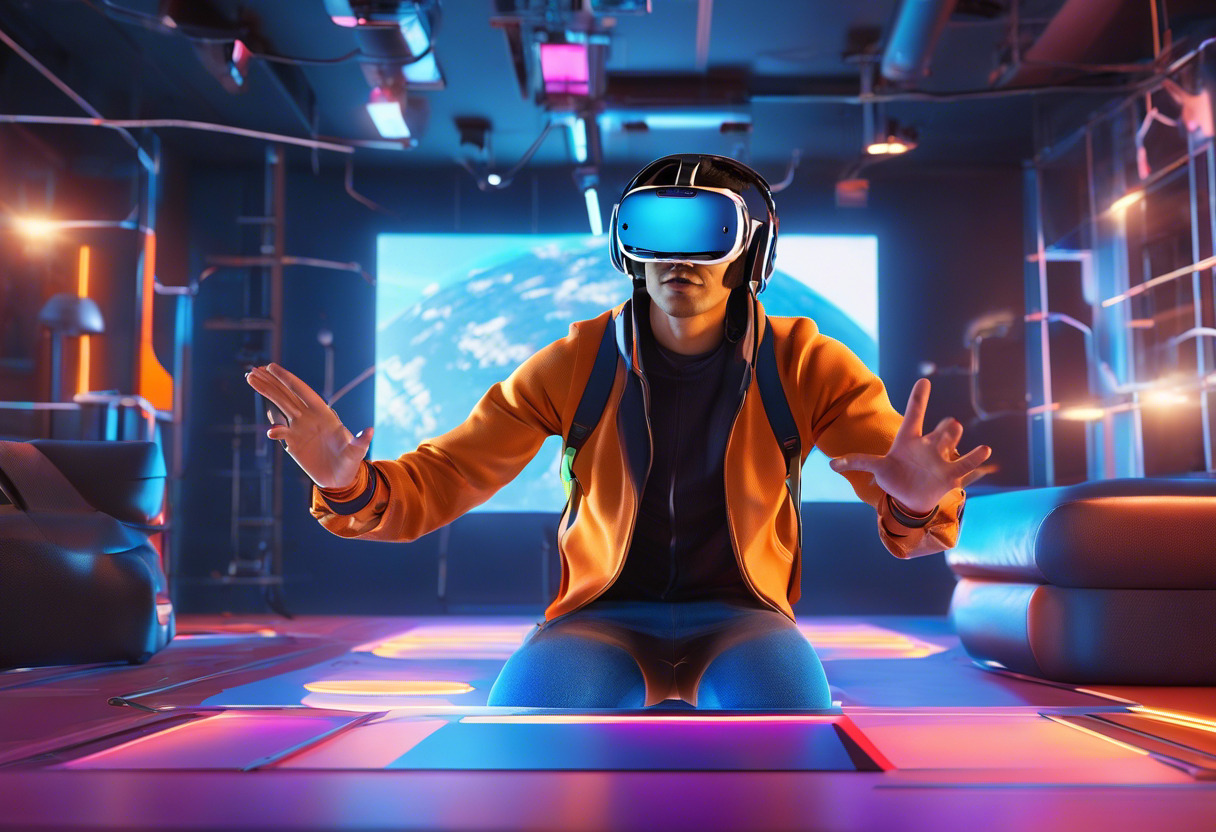 Colorful illustration of a tech-savvy individual exploring a virtual world with the HTC Vive Pro