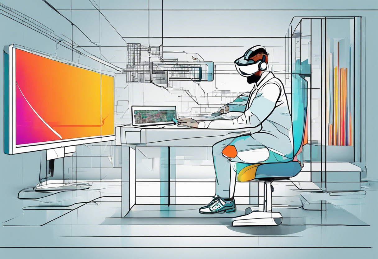 Colorful illustration of a technologist using UniteAR in a high-tech virtual reality lab