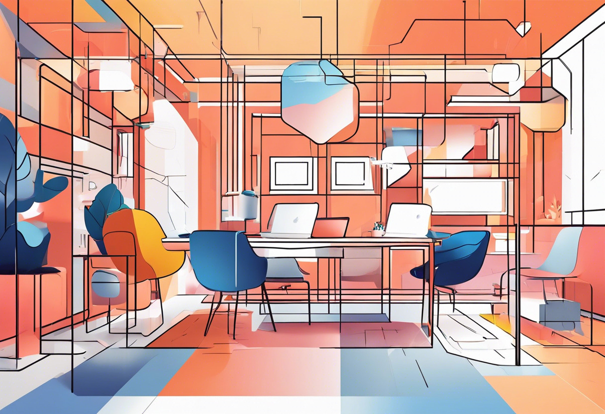 Colorful illustration of a user interacting with the 3D environment of Spatial.io