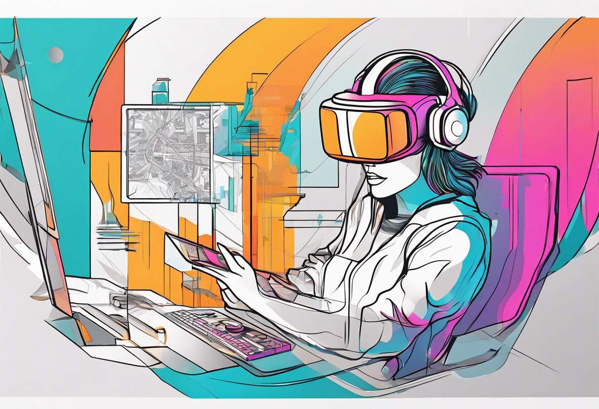 Colorful illustration of a virtual gaming world seen through a WebVR Oculus Rift headset