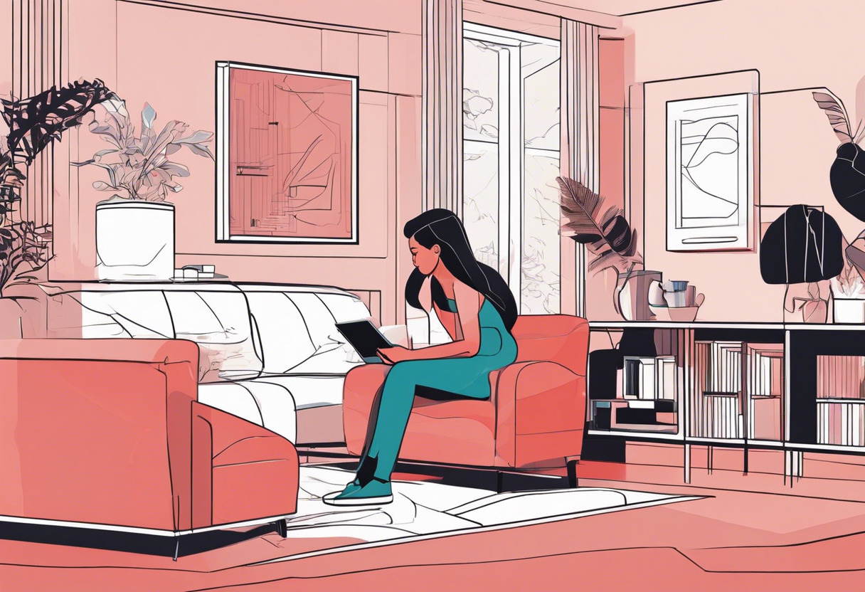 Colorful illustration of a woman engaging in an immersive game in her living room using Meta Quest 3