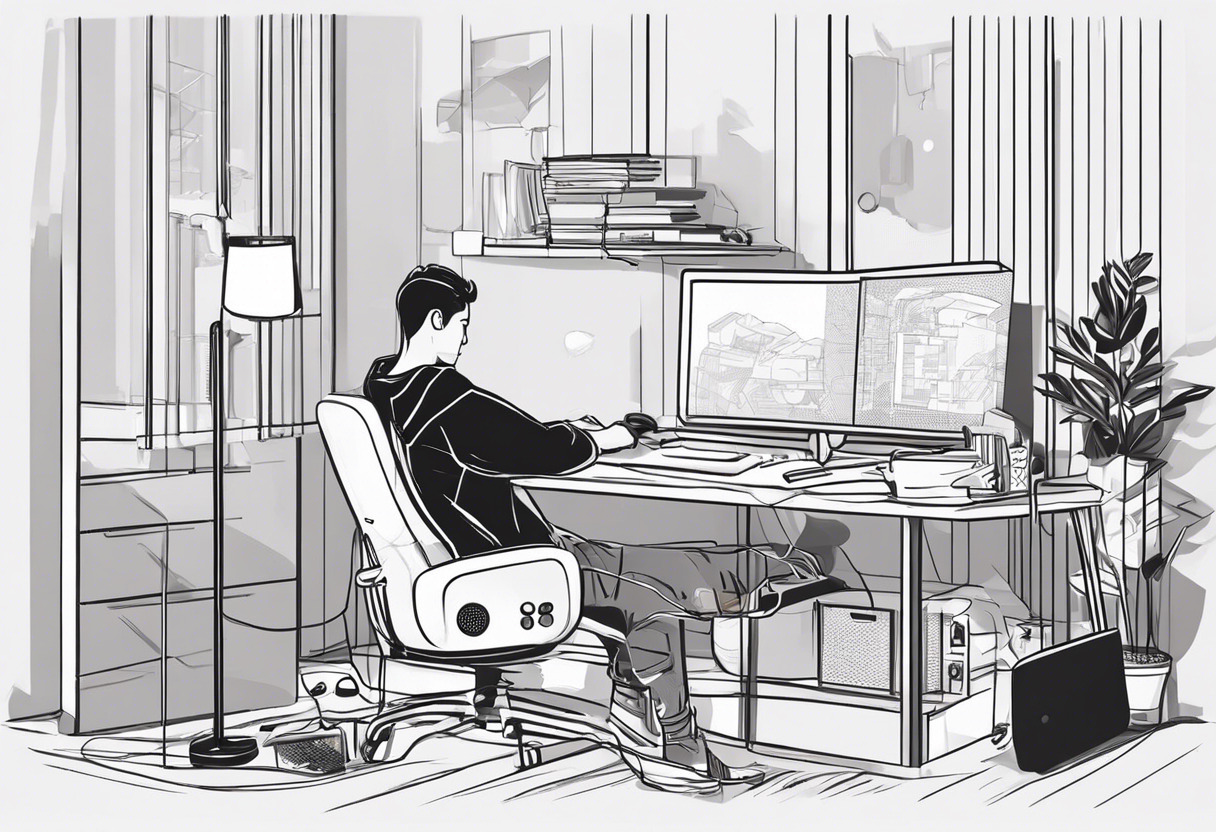 Colorful illustration of a young programmer designing a game with Pygame modules, set in a comfortable and cozy bedroom