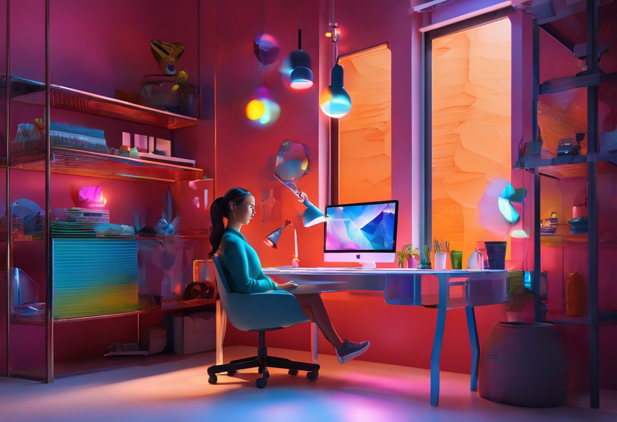 Colorful illustration of an animator using Maya software at an innovative digital agency