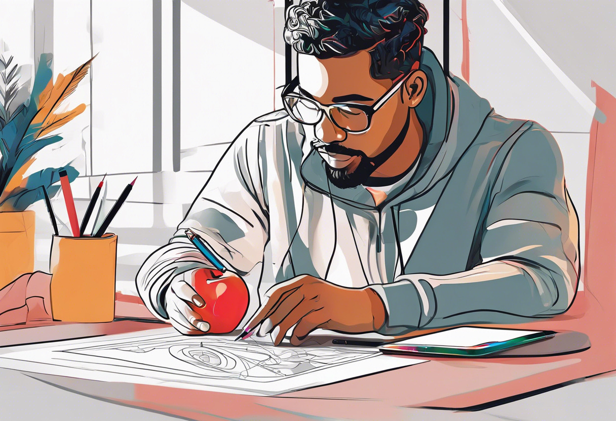 Colorful illustration of an artist using Apple Pencil to create digital artwork on an iPad, exemplifying the Procreate user experience