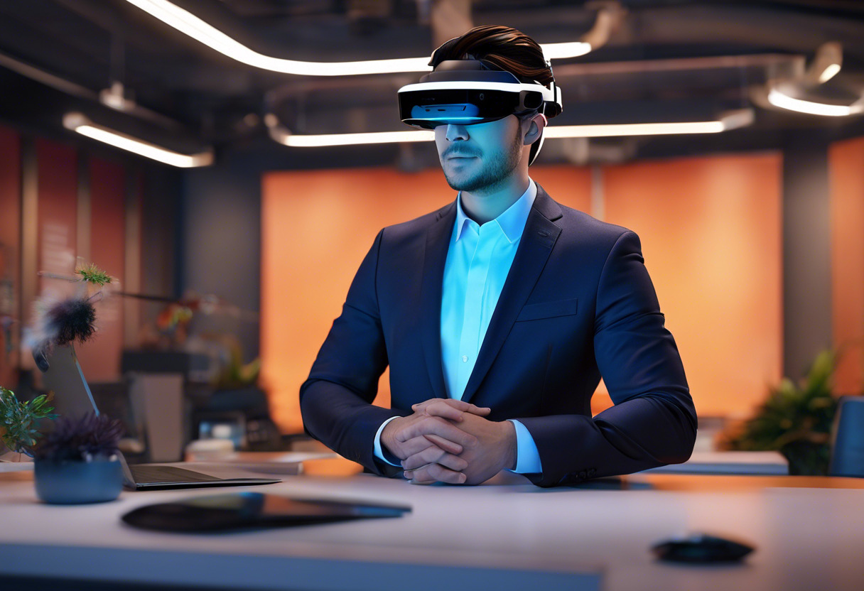 Colorful illustration of an educated professional wearing the HoloLens 2 in a workspace