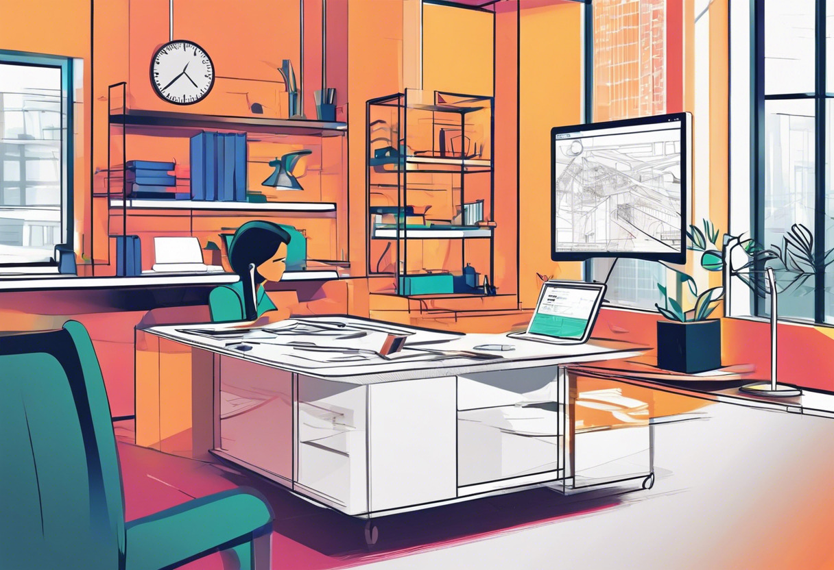 Colorful illustration of an engineer using Vuforia to develop an AR application in an office scene.