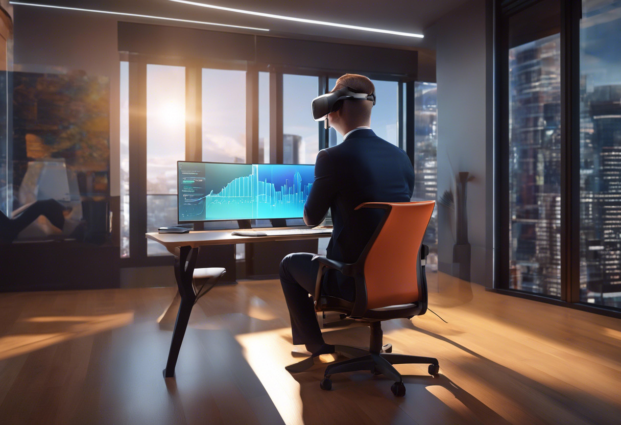 Colorful illustration of an executive engaging with business analytics through HTC Vive headset in an office setup