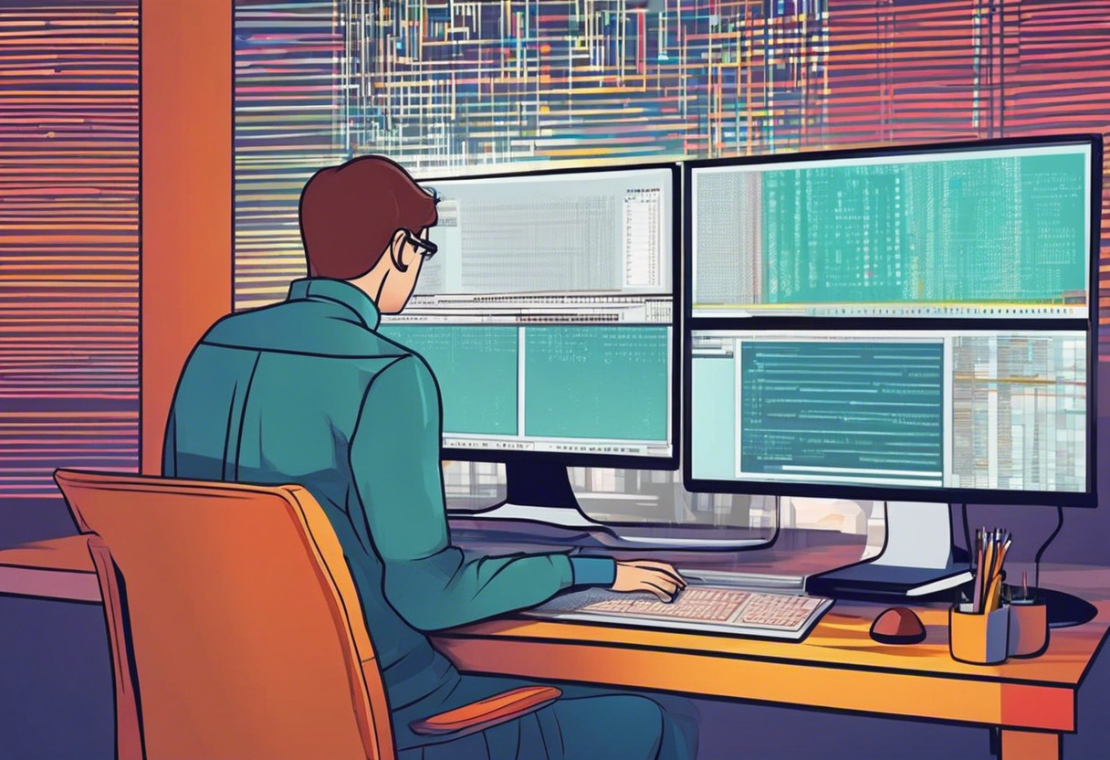 Colorful illustration of an software engineer coding on WASM with background displaying stacked binary codes