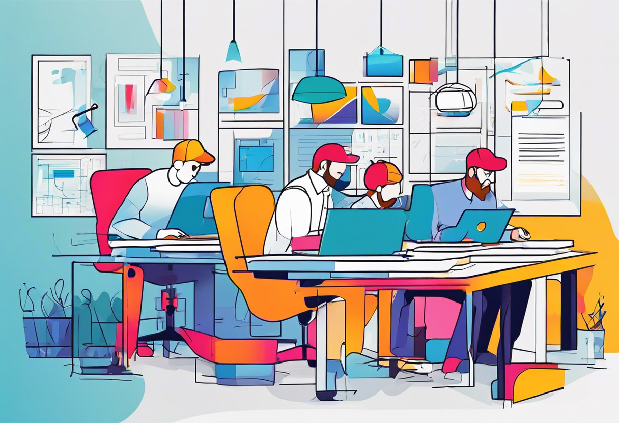 Colorful illustration of designers and developers working on ZapWorks Studio
