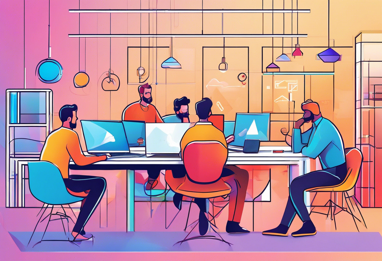 Colorful illustration of developers brainstorming with Unity's asset store