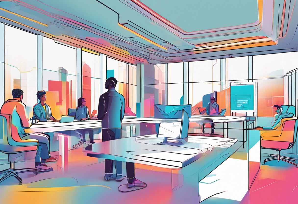 Colorful illustration of diverse workforce interacting through a MagicLeap2 in a futuristic office