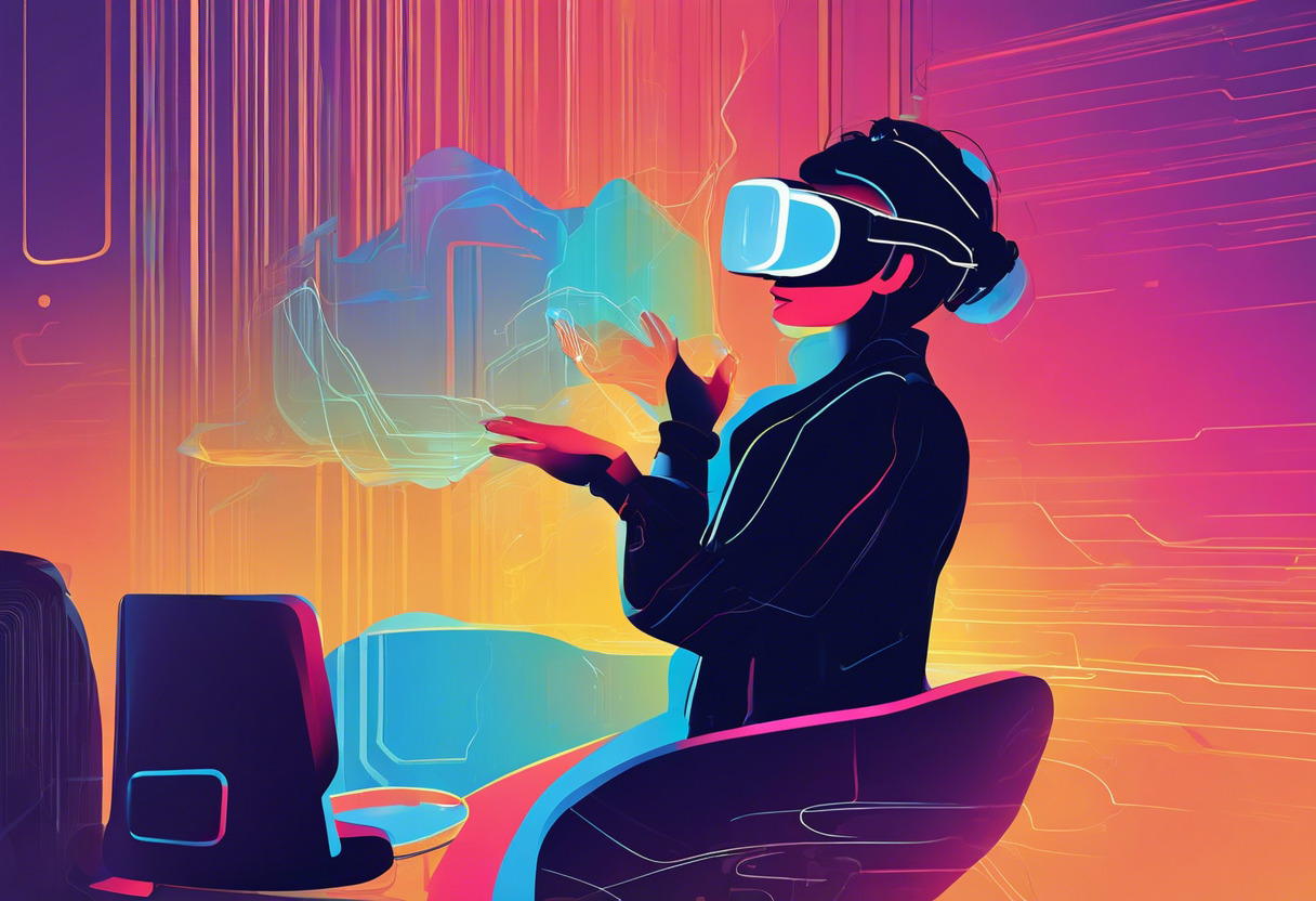 Colorful illustration of silhouette interacting with virtual reality environment using SteamVR