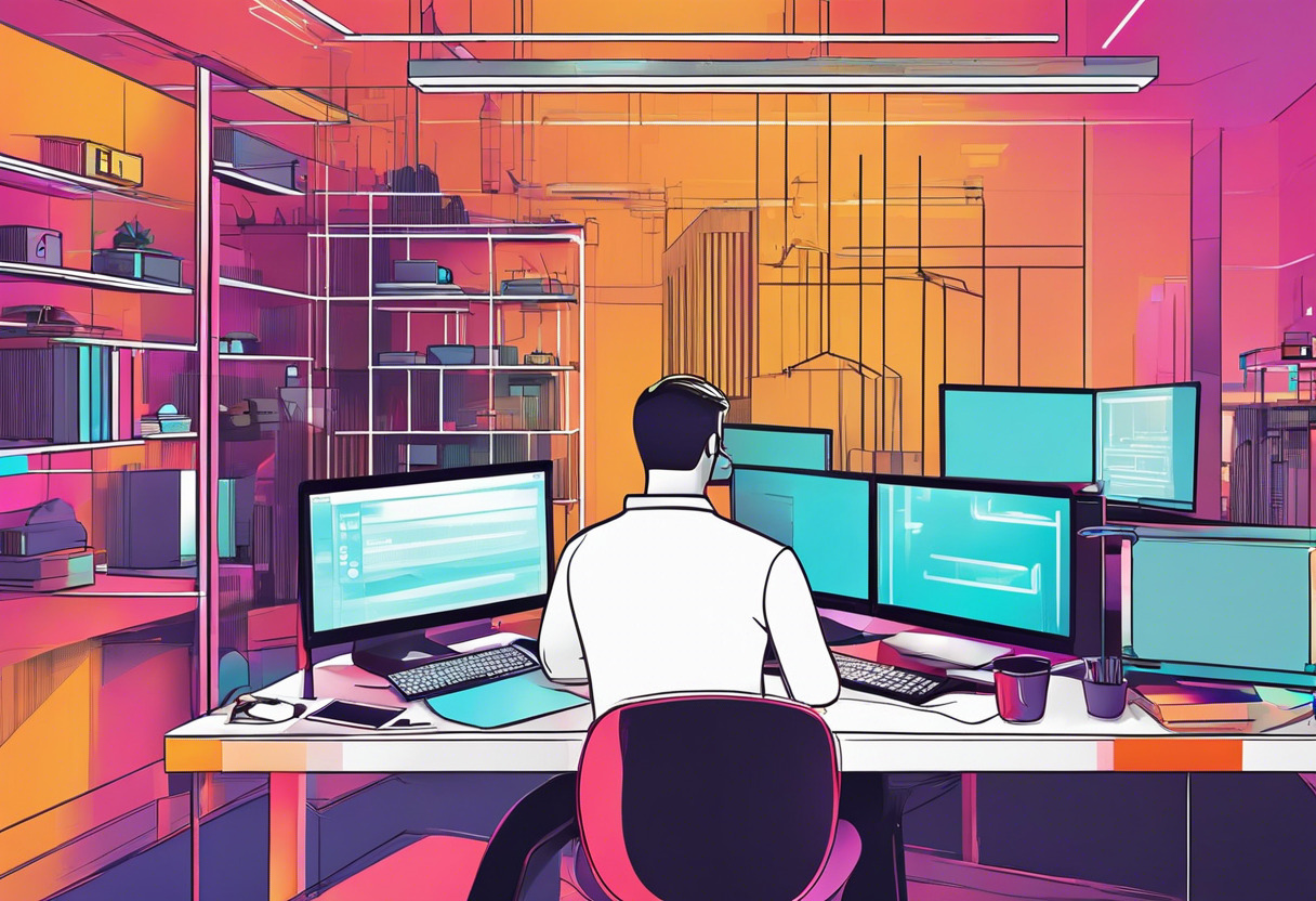 Colorful illustration of software developers analyzing 3D game engine in their studio