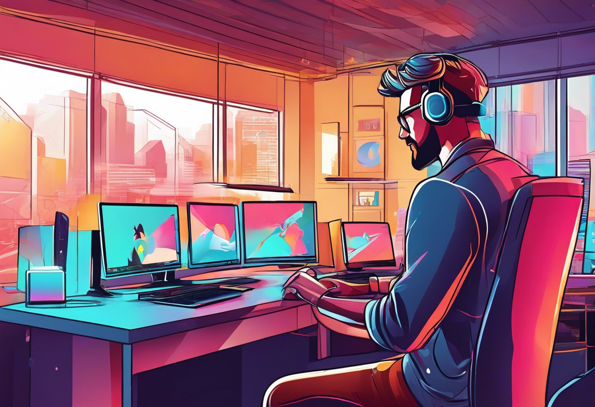 Colorful illustration showing a game developer using LÖVE to create an engaging 2D game in a creative studio